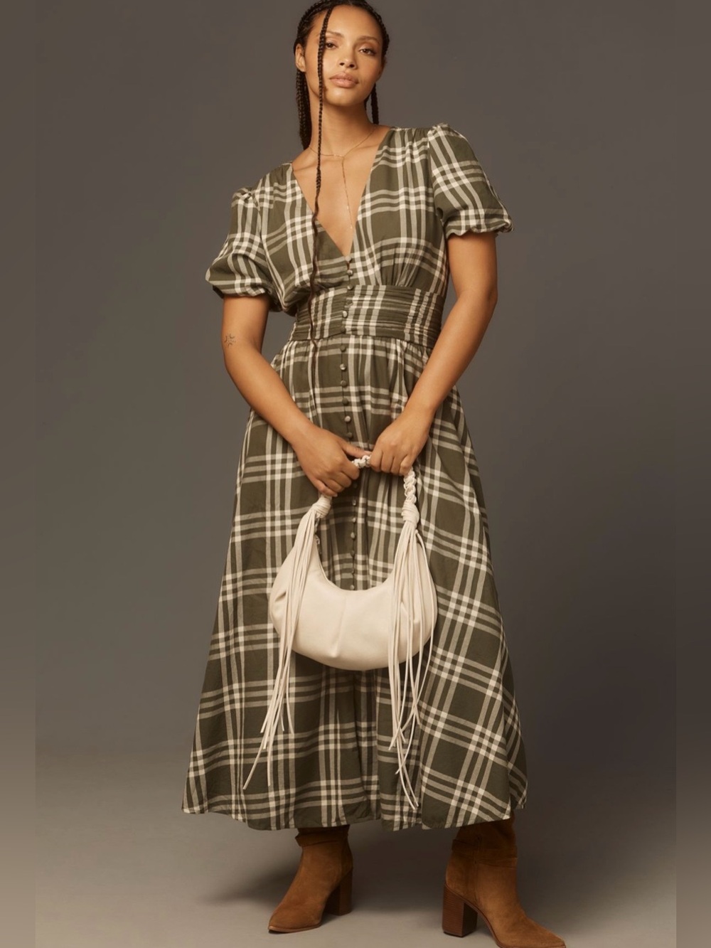 Anthropologie Katerina Button-Front Plaid Puff-Sleeve Midi Dress L - 100% Cotton - Picture 1 of 15